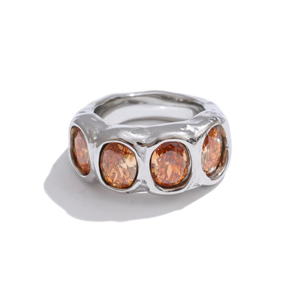 18K Gold Plated Chunky Wide Band Oval Cut Cubic Zirconia Ring