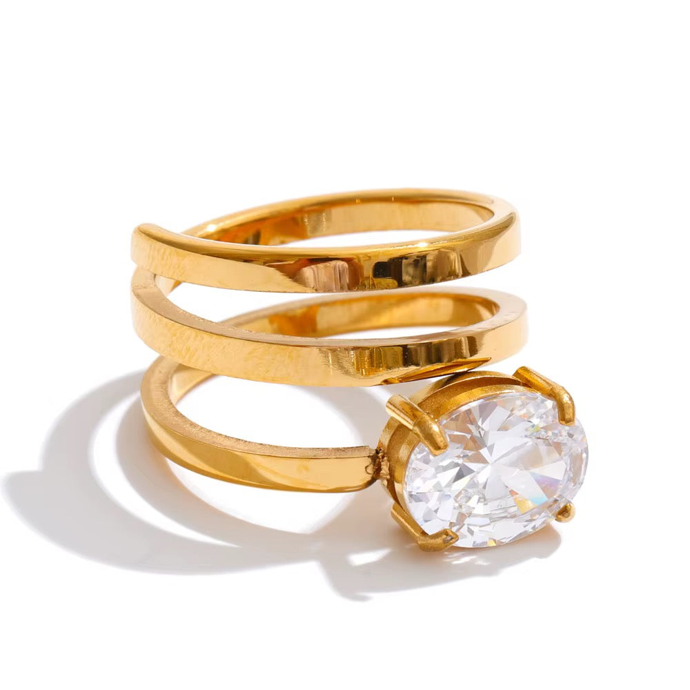 18K Real Gold plated Hypoallergenic Multi Layer Hollow Big Cubic Zirconia Stainless Steel Ring