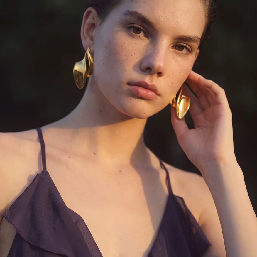 18K Gold Plated Waterproof Chunky Irregular Curved Wave Statement Stainless Steel DropEarrings
