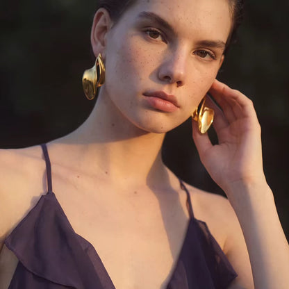18K Gold Plated Waterproof Chunky Irregular Curved Wave Statement Stainless Steel DropEarrings