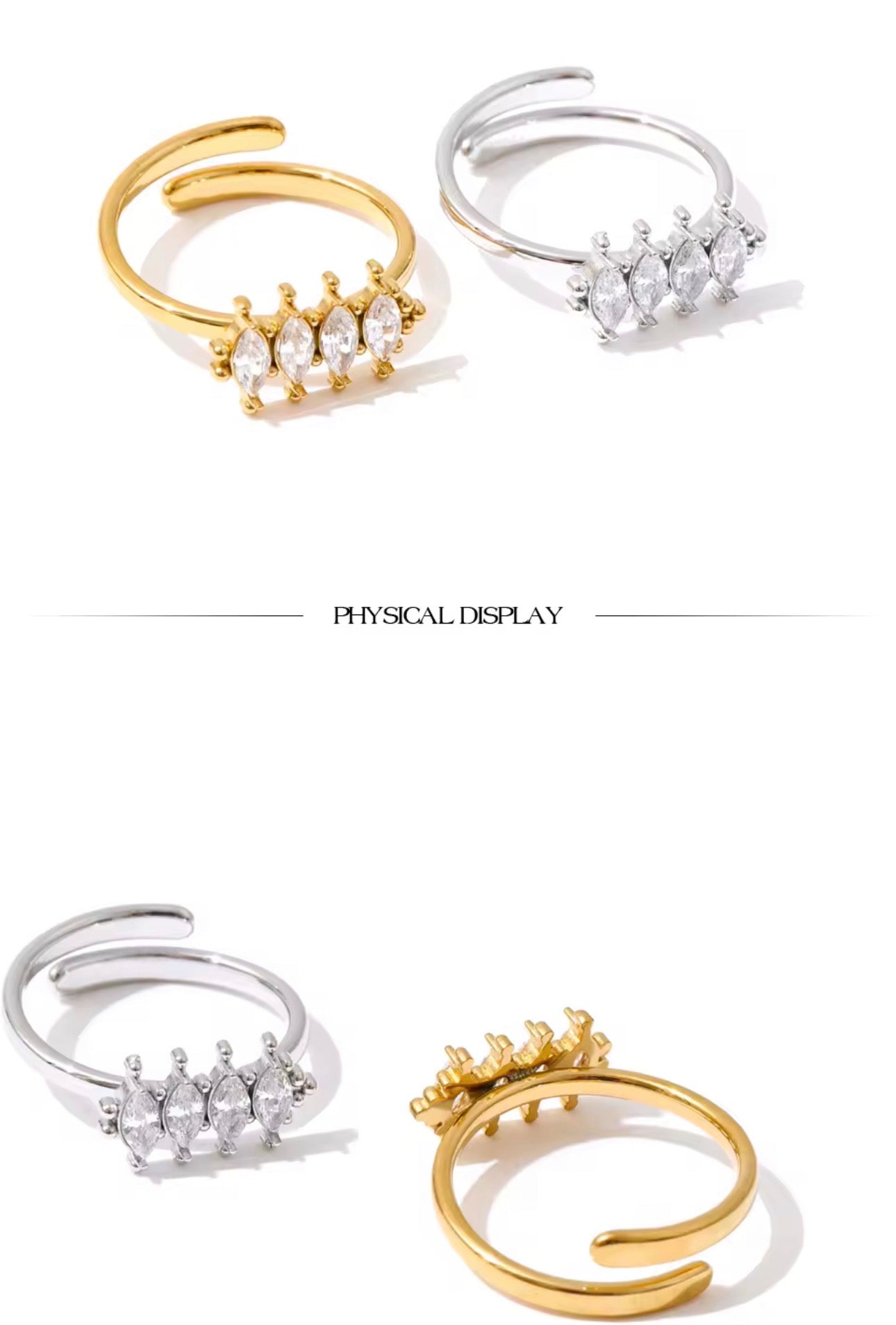 Rhombic Cubic Zirconia 16K Gold Plated Waterproof Stainless Steel Adjustable Ring