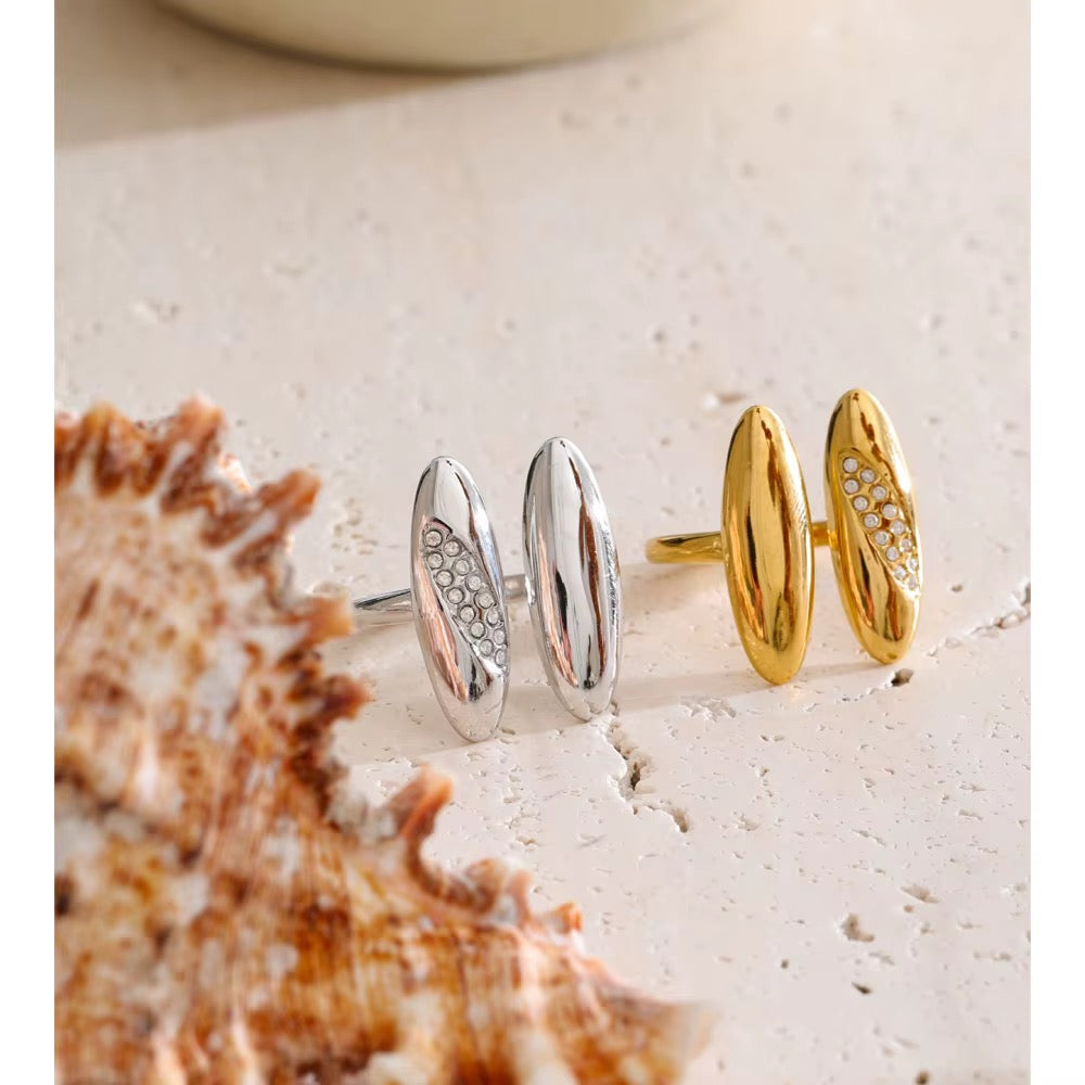 18K Gold Plated Double Oval Waterproof Stainless Steel Cubic Zirconia Adjustable Ring