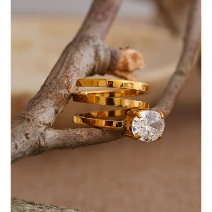 18K Real Gold plated Hypoallergenic Multi Layer Hollow Big Cubic Zirconia Stainless Steel Ring