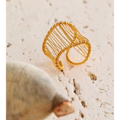 18K Gold Plated Stainless Steel Mesh Textured Abstract Multi layer Open Ring