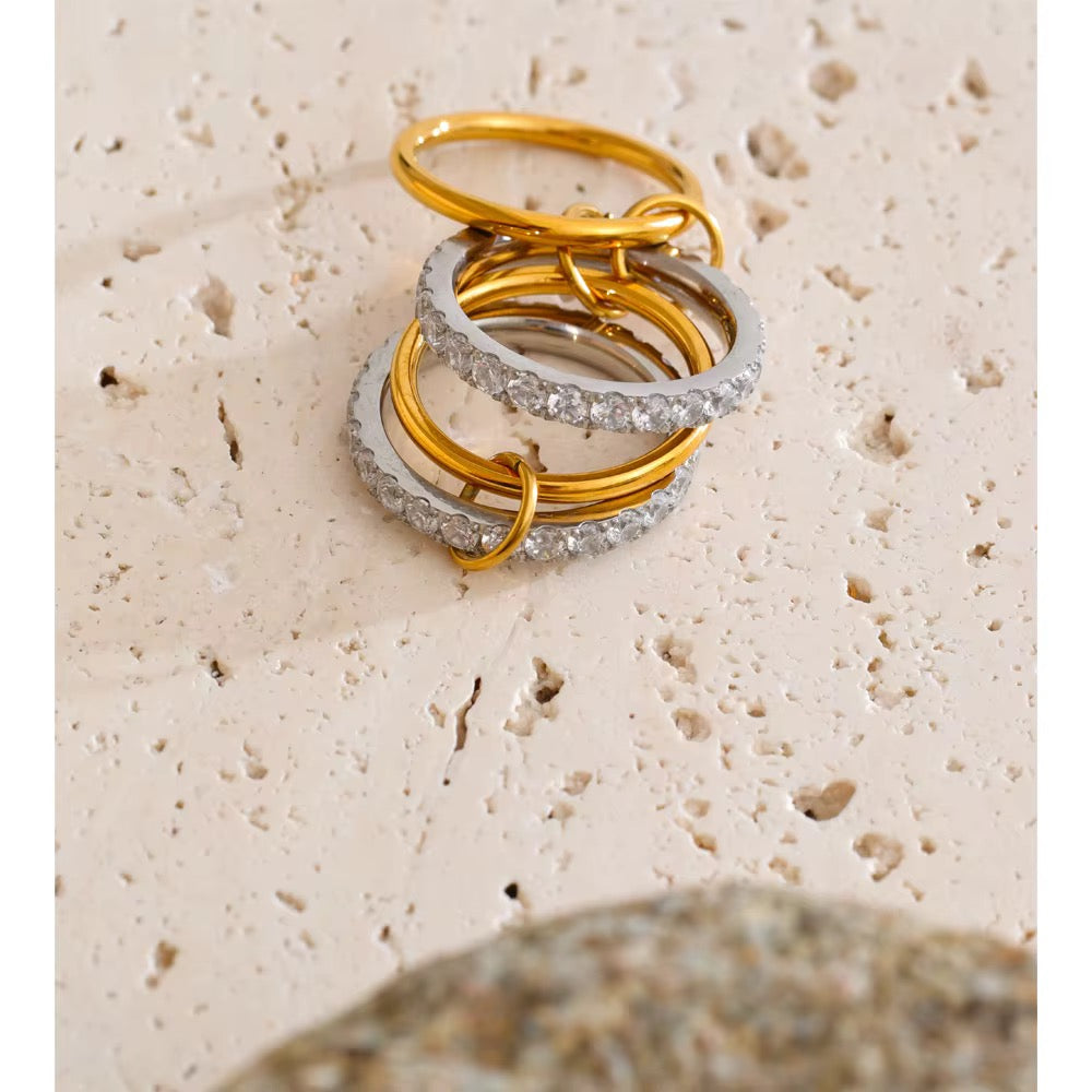 18K Gold Plated Stainless Steel Waterproof Stacked layer Cubic Zirconia Ring Set