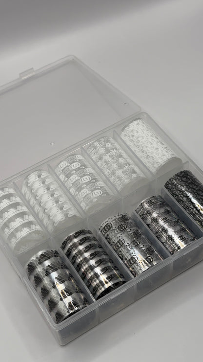 Luxury Designer-Inspired Nail Transfer Foil Set of(10 Rolls)- White/Black