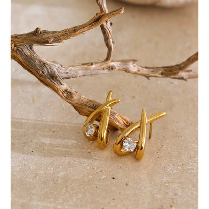 Luxury 18K Gold Plated Waterproof Stainless Steel Geometric X Sparkling Cubic Zirconia Earrings