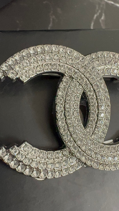 Silver Crystal CC Brooch Pin