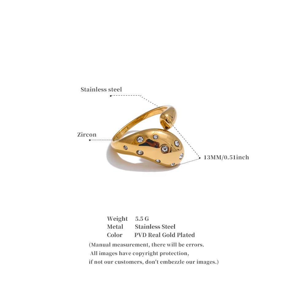 Exquisite 18K Gold Plated Zirconia Stainless Steel Adjustable Ring