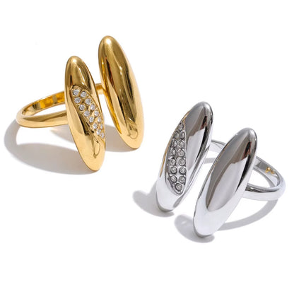 18K Gold Plated Double Oval Waterproof Stainless Steel Cubic Zirconia Adjustable Ring
