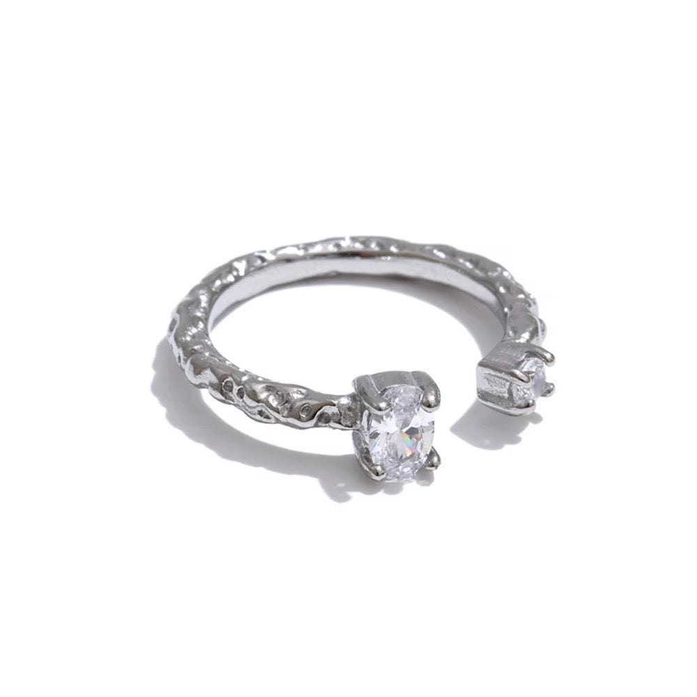 18K Gold Plated Textured Waterproof Stainless Steel Cubic Zirconia Adjustable Ring