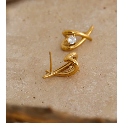 Luxury 18K Gold Plated Waterproof Stainless Steel Geometric X Sparkling Cubic Zirconia Earrings