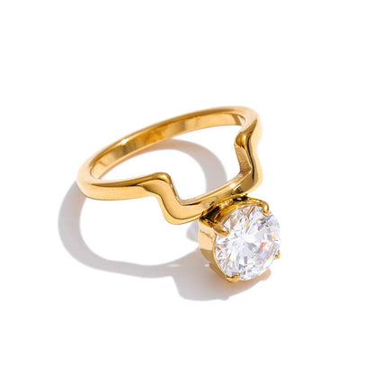 Real Gold Plated Stainless Steel Oval cutout Band inlaid Cubic Zirconia Ring