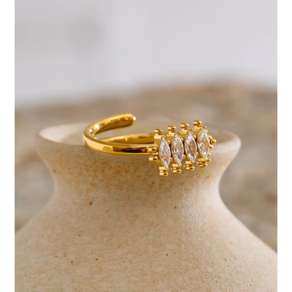 Rhombic Cubic Zirconia 16K Gold Plated Waterproof Stainless Steel Adjustable Ring