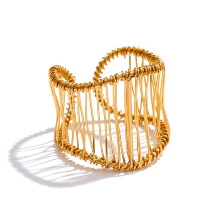 18K Gold Plated Stainless Steel Mesh Textured Abstract Multi layer Open Ring