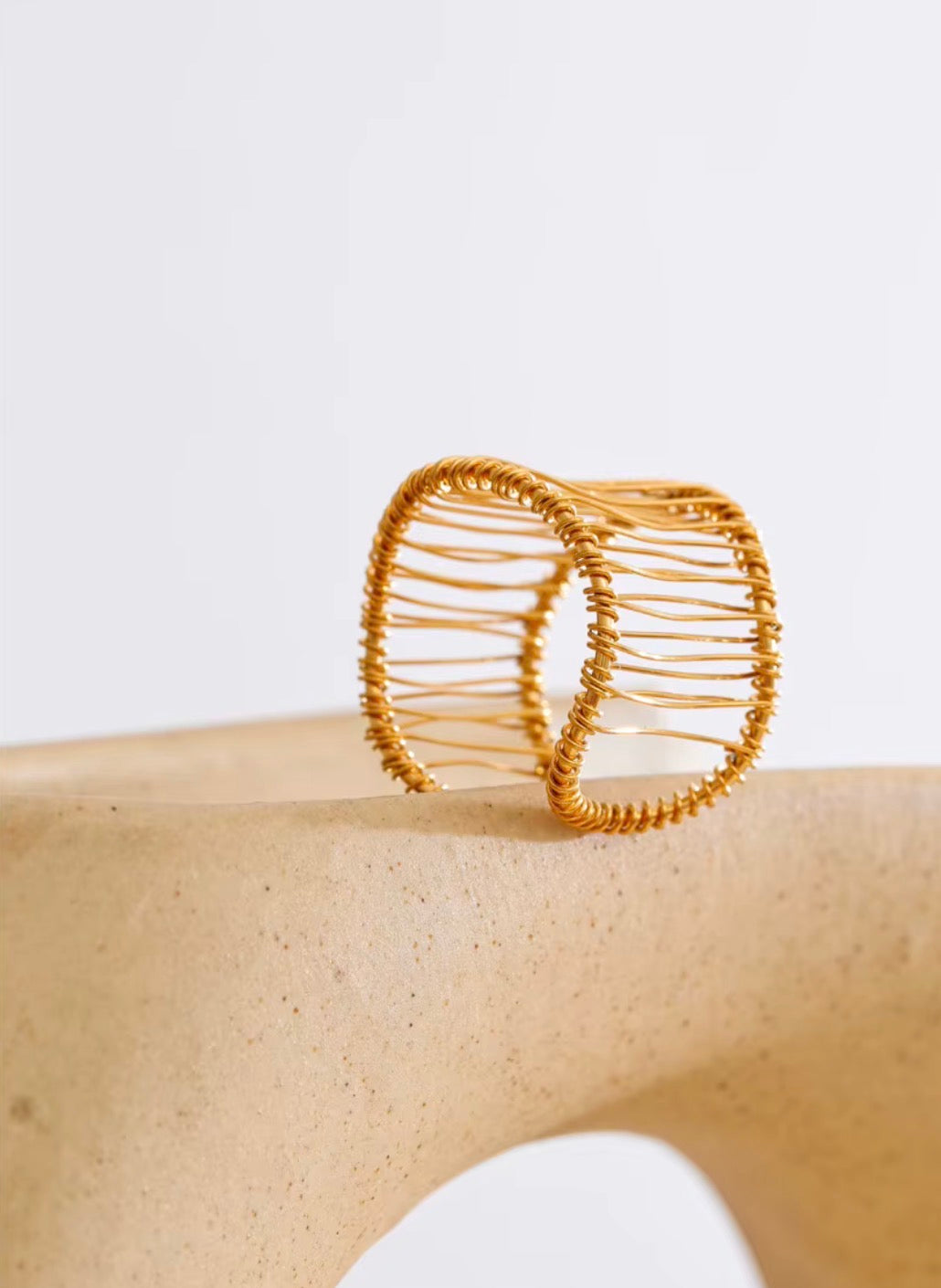18K Gold Plated Stainless Steel Mesh Textured Abstract Multi layer Open Ring