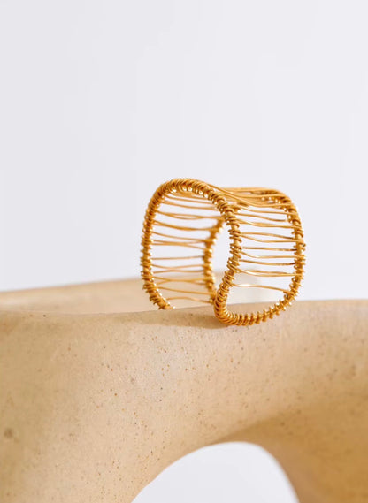 18K Gold Plated Stainless Steel Mesh Textured Abstract Multi layer Open Ring
