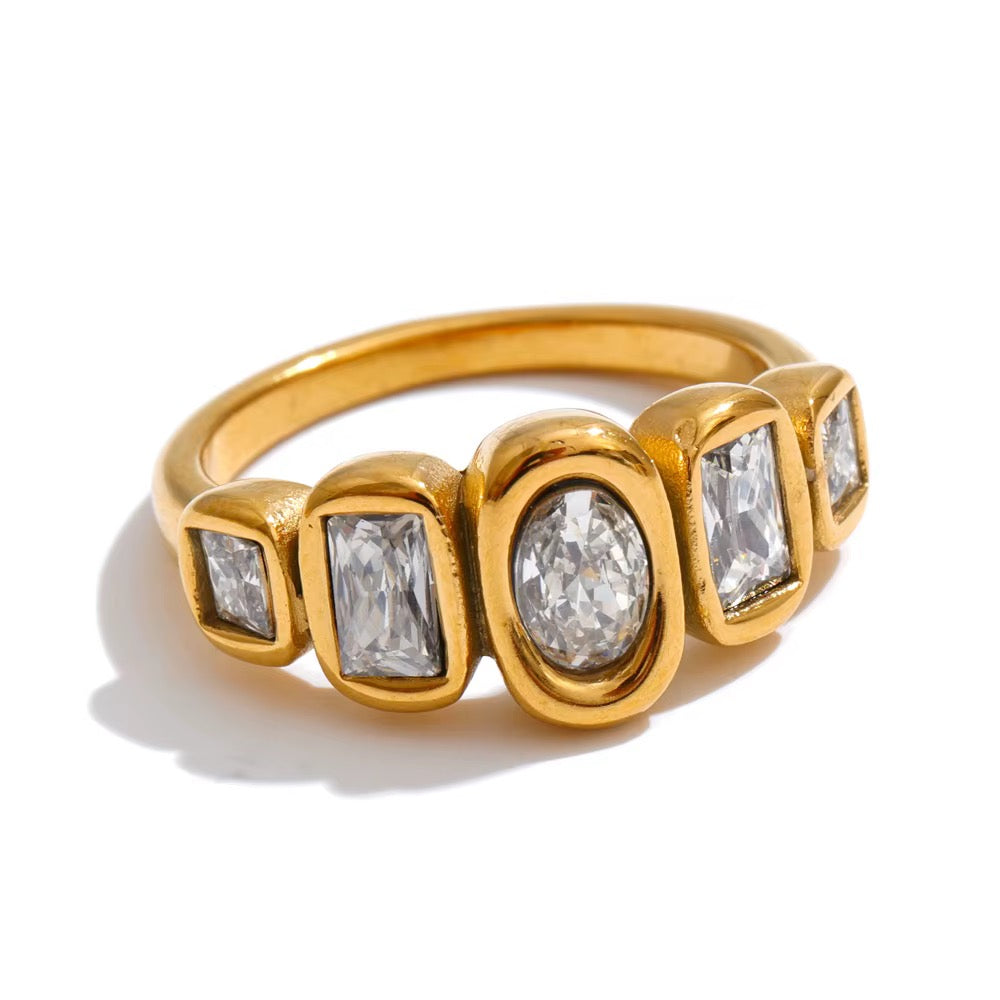 High Quality PVD Real Gold plated Square Oval Cubic Zirconia Stainless Steel Ring