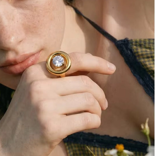 18K Gold Plated Chunky Hollow Round Cubic Zirconia Adjustable Ring
