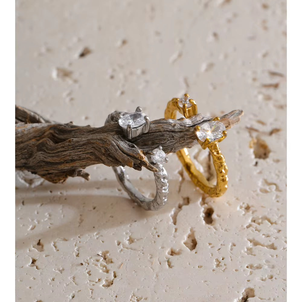 18K Gold Plated Textured Waterproof Stainless Steel Cubic Zirconia Adjustable Ring