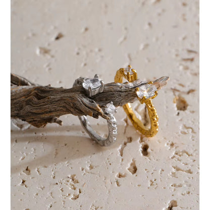 18K Gold Plated Textured Waterproof Stainless Steel Cubic Zirconia Adjustable Ring