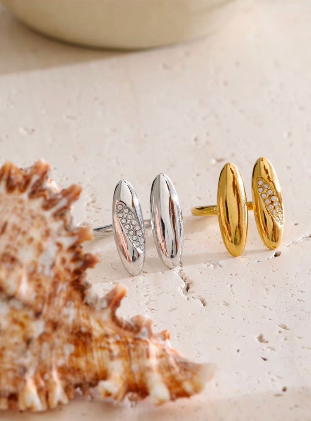 18K Gold Plated Double Oval Waterproof Stainless Steel Cubic Zirconia Adjustable Ring