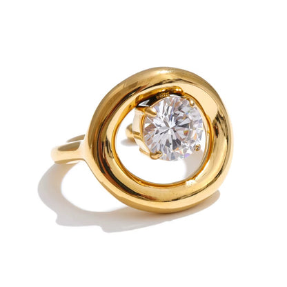 18K Gold Plated Chunky Hollow Round Cubic Zirconia Adjustable Ring