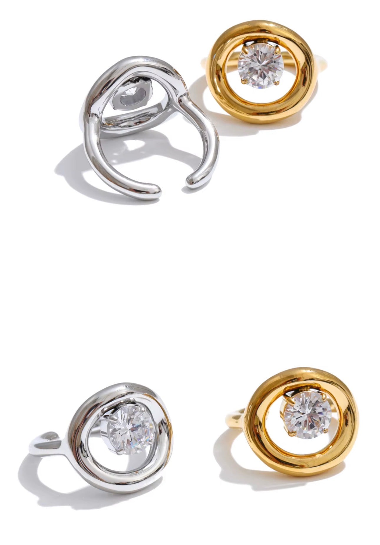 18K Gold Plated Chunky Hollow Round Cubic Zirconia Adjustable Ring