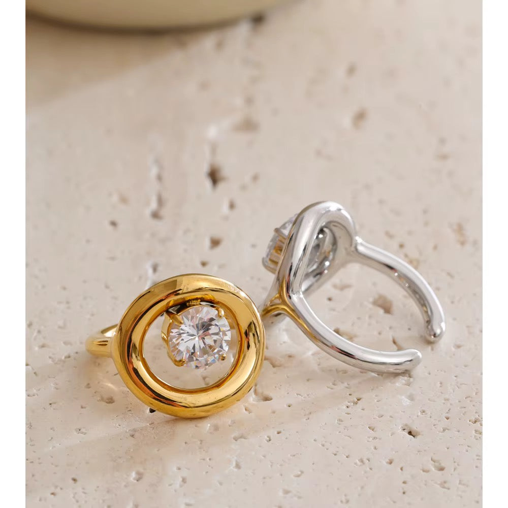 18K Gold Plated Chunky Hollow Round Cubic Zirconia Adjustable Ring