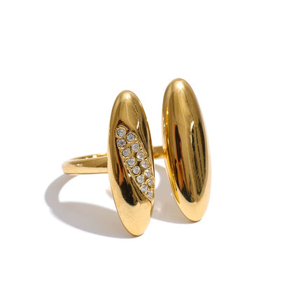 18K Gold Plated Double Oval Waterproof Stainless Steel Cubic Zirconia Adjustable Ring