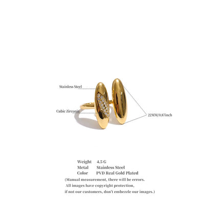 18K Gold Plated Double Oval Waterproof Stainless Steel Cubic Zirconia Adjustable Ring