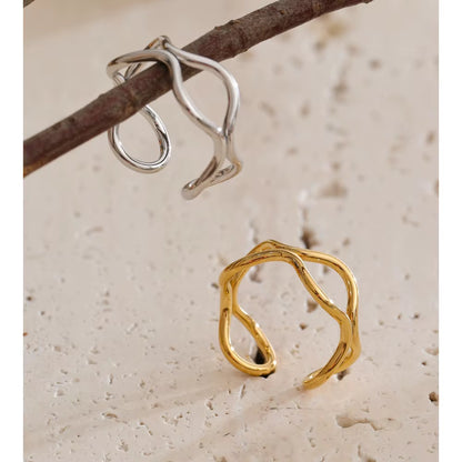 18K Gold Plated Hypoallergenic Minimalist Wavy Twisted Band Cuff Stainless Steel Adjustable Ring