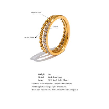 18K Real Gold plated Hypoallergenic Double Looped Chain Cubic Zirconia Ring