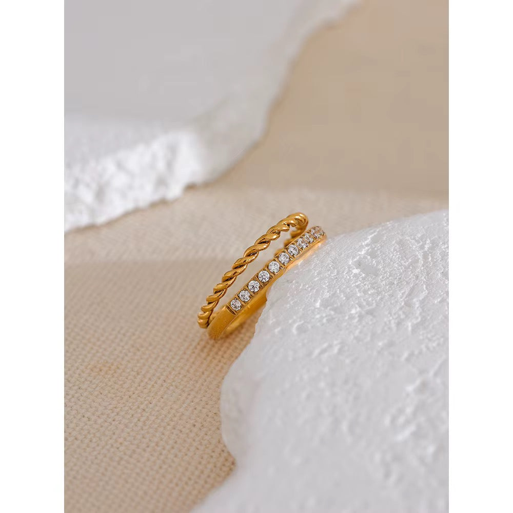 18K Real Gold plated Hypoallergenic Double Looped Chain Cubic Zirconia Ring