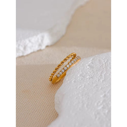 18K Real Gold plated Hypoallergenic Double Looped Chain Cubic Zirconia Ring