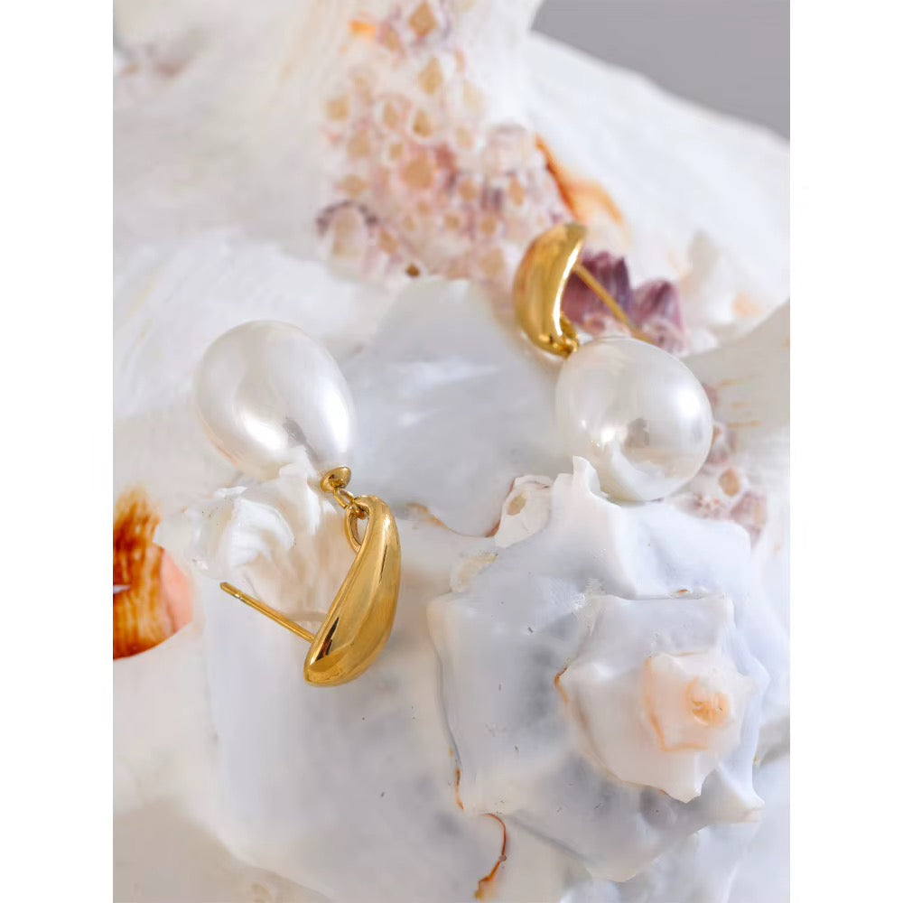 18K Gold Plated Simulated Pearls Drop Earrings Stainless Steel Pendant Earrings