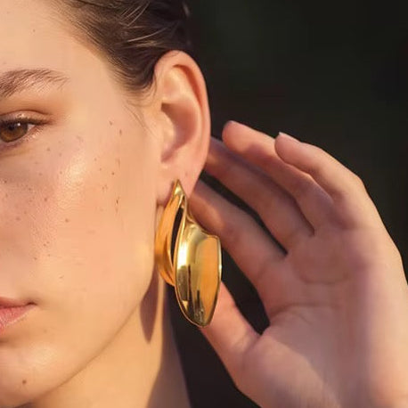 18K Gold Plated Waterproof Chunky Irregular Curved Wave Statement Stainless Steel DropEarrings