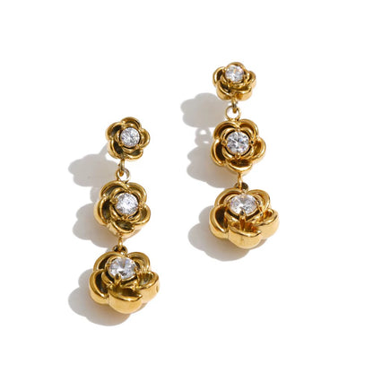 18K Gold Plated Three Rose Petals Cubic Zirconia Stainless Steel Dangle Earrings