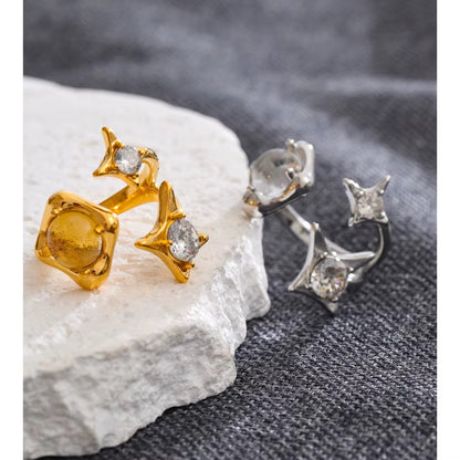 18K Gold Plated French style Waterproof Stainless Steel Sparkling star Cubic Zirconia Adjustable Ring