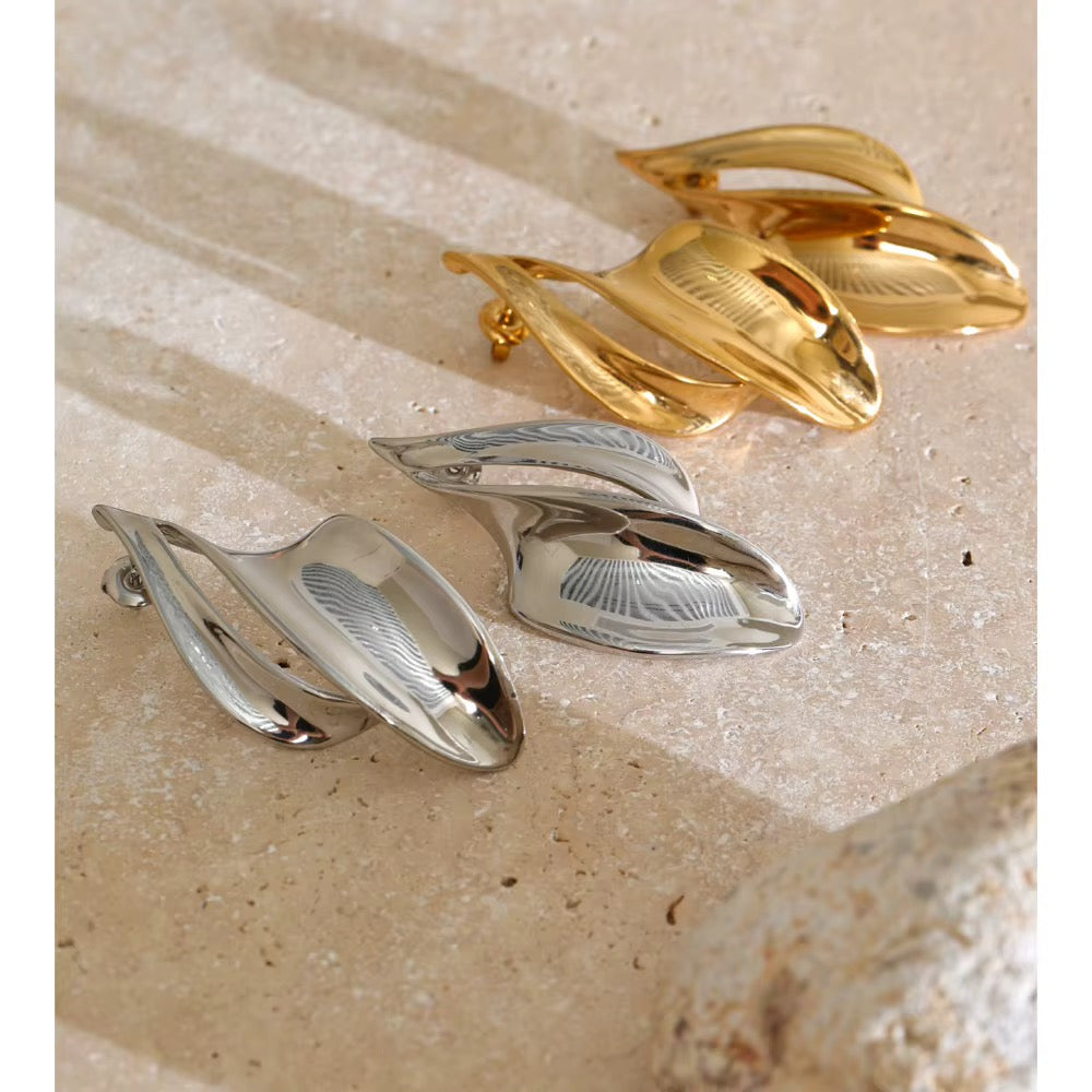 18K Gold Plated Waterproof Chunky Irregular Curved Wave Statement Stainless Steel DropEarrings