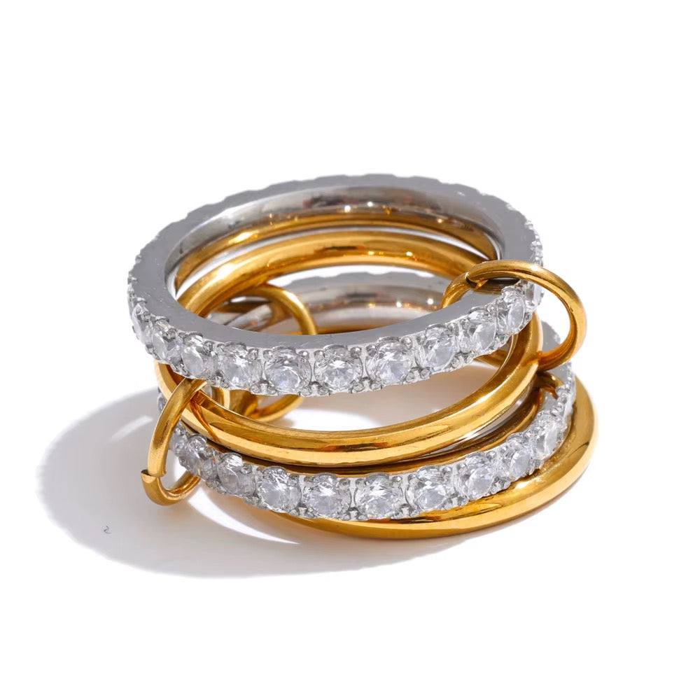 18K Gold Plated Stainless Steel Waterproof Stacked layer Cubic Zirconia Ring Set