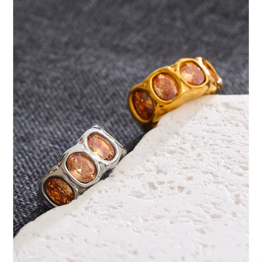 18K Gold Plated Chunky Wide Band Oval Cut Cubic Zirconia Ring