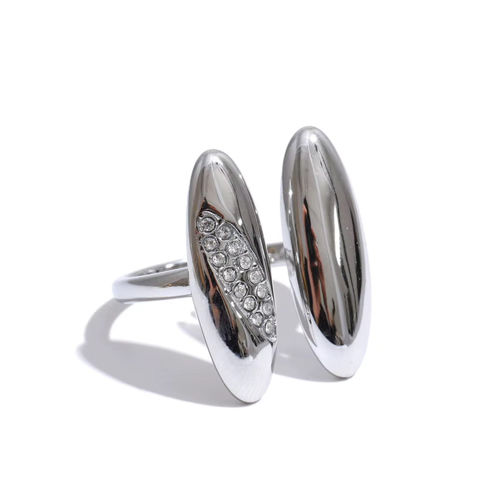 18K Gold Plated Double Oval Waterproof Stainless Steel Cubic Zirconia Adjustable Ring