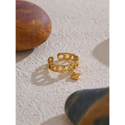 18K Gold Plated Hypoallergenic Chain Heart Adjustable Stainless Steel Ring