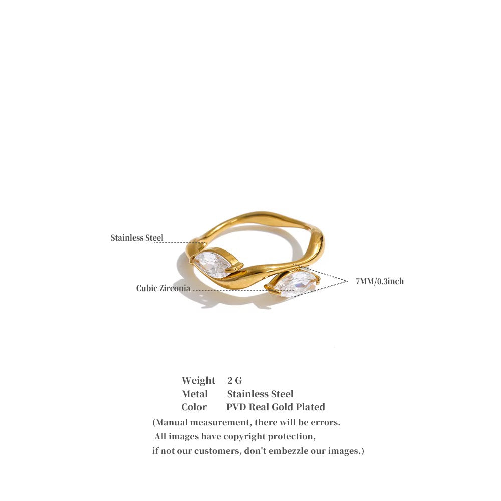 18K Gold Plated Waterproof Leaf Cubic Zirconia Stainless Steel Ring