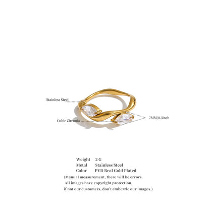 18K Gold Plated Waterproof Leaf Cubic Zirconia Stainless Steel Ring