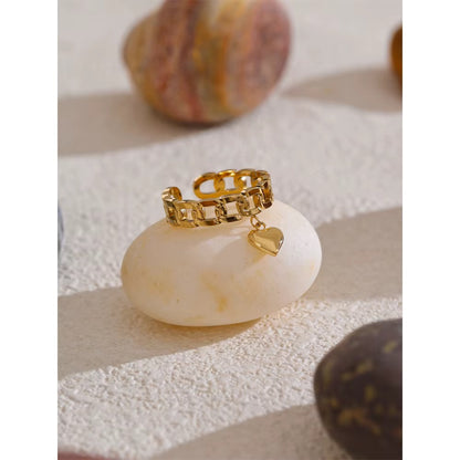 18K Gold Plated Hypoallergenic Chain Heart Adjustable Stainless Steel Ring