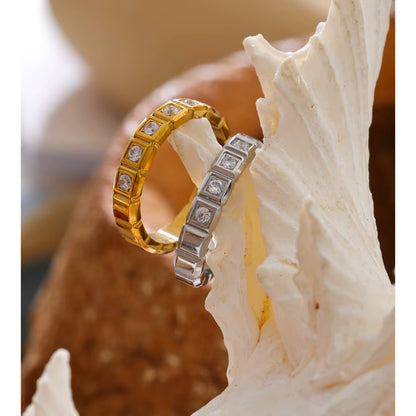 18K Gold Plated Geometric Minimalist Checkerboard Cubic Zirconia Inlaid Stackable Stainless Steel Adjustable Ring
