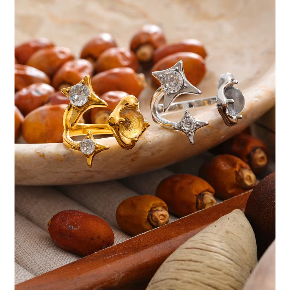 18K Gold Plated French style Waterproof Stainless Steel Sparkling star Cubic Zirconia Adjustable Ring