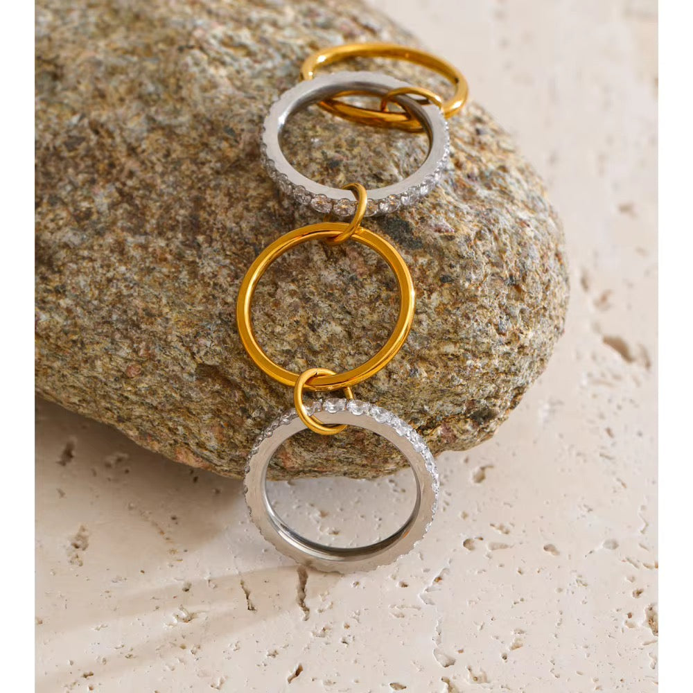 18K Gold Plated Stainless Steel Waterproof Stacked layer Cubic Zirconia Ring Set